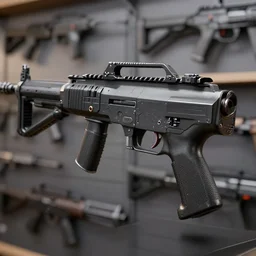 futuristic heckler & koch mp 7 ai. octane render. substance painter painter. black, matte metal. weapons shop. photoreal, closeup photograph.