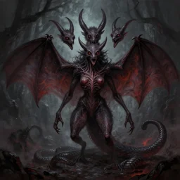demon parasite, three headed bat, snake tail in hell, tumblr, digital art, concept art, fantasy, dungeons and dragons, horror, painted, terror, leesha hannigan, wayne haag, reyna rochin, ignacio fernandez rios, mark ryden, iris van herpen, best on artstation, best on cgsociety