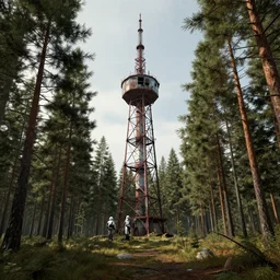 Derelict Radio Tower in a pine forest landscape, rendered by zdzisław beksiński, simon stålenhag, Beeple, environment concept, digital art, starwars, unreal engine, 3 point perspective, WLOP, trending on artstation, low level, 4K UHD image, octane render,