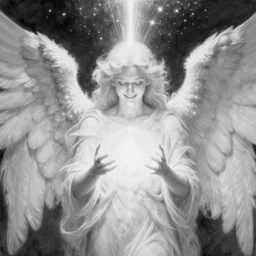 highdetailed hyperrealistic painting of white angel!!! no gender smiling noface!!!, giant ball of miracle light from the chest and line coming from the head into space!!!!!, white sparkles everywhere, 4 k hd fur face!!!, big wings, by jan van eyck, holography space, glow effect, large strokes, monochrome!!!!!