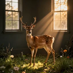a deer inside a dark room with grass and flowers on the floor, sunrays shine from the outside through the windows, sunset, golden hour