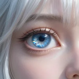 the eye of a white - haired girl in which flying mountains are visible as in the movie avatar, a very beautiful picture, hyperrealism