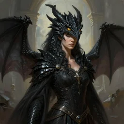 medium-length portrait of a female dragonborn wizard with black scales and golden eyes, black dragon head, serious expression, wears a beautiful flowing dark robe, medieval setting, highly detailed, digital painting, artstation, concept art, sharp focus, illustration, art by greg rutkowski and alphonse mucha