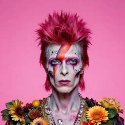 a portrait of a zombie punk dude, magenta mohawk, head made out of fruit and flowers, crystals and glitter, David Bowie, Baroque, art by Arcimboldo, art by Fragonard, psychedelic, neon pink background