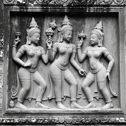 bas - relief stucco of tai and khmer war, emotional movement, black and white photo, historic, realistic, highly detailed, 1 2 0 0 s,