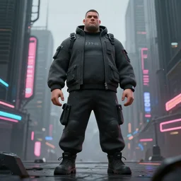 A broad shouldered, large man in a techwear outfit, Acronym P31-ds pants, high quality, digital art, dire cyberpunk city, gray sky, neon signs in background, greg rutkowski