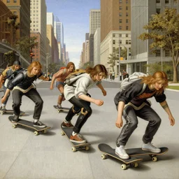 highly detailed renaissance painting of a group of skateboarders, new york city