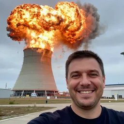 a man smiling, in the background is a nuclear reactor which is exploding, hyper realistic, selfie, very detailed.