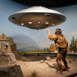 natural history museum diorama of a caveman inspecting a ufo crash,