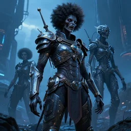 afrofuturism sci - fi warrior, blue hour, horror art, by beksinski, szukalski, giger, pyromallis, dzo, iris compiet, seb mckinnon, digital art, highly detailed, intricate, sharp focus, trending on artstation hq, deviantart, pinterest, unreal engine 5, 4 k uhd image