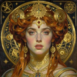 hyper realistic painting portrait of rachel brice, occult diagram, elaborate details, detailed face, intrincate ornaments, gold decoration, occult art, oil painting, art noveau, in the style of roberto ferri, gustav moreau, david kassan, bussiere, saturno butto, boris vallejo