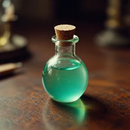 small potion with a cork top filled with a green and turquoise gradient liquid, magical potion, glowing liquid, fantasy, on a desk, old film photo