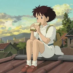 a girl sitting on the roof of a building eating a sandwich, art by hayao miyazaki, studio ghibli film,