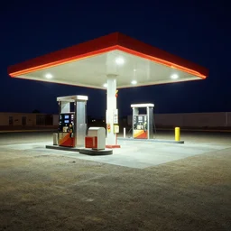 a gas station in the middle of a desert at night,