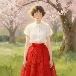 aerith gainsborough in red lace skirt, portrait, illustration, rim light, top light, perfectly shaded, spring time, slight overcat lighting, soft painting, art by krenz cushart and wenjun lin