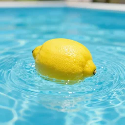 lemon swimming in a pool, photorealistic,