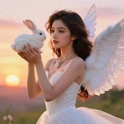 Portrait of a cute elegant woman with angelic white wings on her back, holding a rabbit, flying in the eye, upscaled, RTX on, HDR shot, luxurious neckless, beautiful long white dress, sunset, warm spring, detailed face, fantasy, anime, vibrant, colorful,  intricate details, trending on ArtStation, Deviantart, by WLOP, james gurney,  norman rockwell