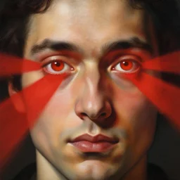 painting portrait of a man with massive vibrant red light beams coming out of his eyes, matte painting, close up, masterpiece, high details, clear white eyes, by Caravaggio