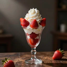 digital realistic detailed art of strawberries and whipped cream in a parfait glass