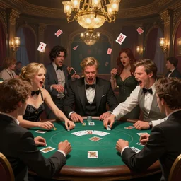 guys yelling, cards flying during a poker match. brawl, fight, angry, saloon, intricate, elegant, highly detailed, digital painting, artstation, concept art, sharp focus, illustration, by justin gerard and artgerm, 8 k