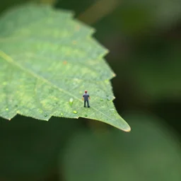 award-winning macro shot of a tiny person on a leaf, shallow depth of field, bokeh, Nikon 40mm