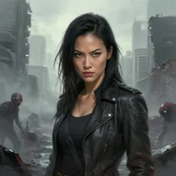 battle hardened, sly, cunning, rugged ada wong, face centered portrait, confident, ruined cityscape, zombies, fog, rain, volumetric lighting, soft light particles floating near her, illustration, perfectly shaded, soft painting, art by krenz cushart and wenjun lin