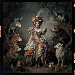 kodak portra 4 0 0, wetplate, photo of a surreal artsy dream scene,, girl, weird fashion, grotesque, extravagant dress, carneval, animals, wtf, photographed by paolo roversi style