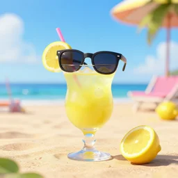 Pixar render of a lemon drinking a cocktail wearing sunglasses at the beach, 4K, high octane