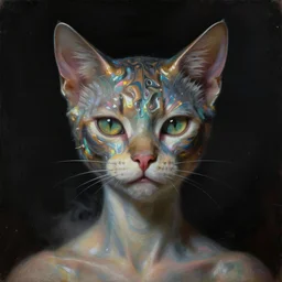 a neoclassicist close - up portrait of a an otherworldy person with surrealist cat - like features. iridescent reflective futuristic textures. foggy black background. highly detailed science fiction painting by norman rockwell, frank frazetta, syd mead and moebius. rich colors, high contrast, gloomy atmosphere, dark background. trending on artstation.