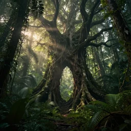 horrific portal to another world embedded in a terrifying tree in a densely overgrown jungle, fantasy, dreamlike sunraise, ultra realistic, atmospheric, stopped in time, epic