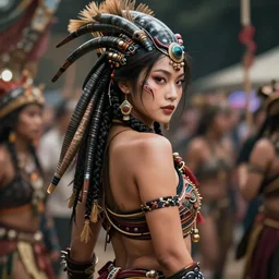 hyper realistic photography portrait of postapocalyptic predator cyberpunk asian japanese cyborg tribal festival warrior curvy voluptuous curvaceous partygirl amazon face cinematic, vallejo, back shot, craig mullins greg rutkowski, artstation, cgsociety