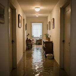 flooded hallway in a cozy house, oddly familiar, liminal, unsettling,