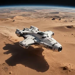 a single large spaceship seen from the surface of a desert planet, sparsely populated, star wars, digital art, trending on art station