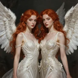 twin beautiful young women with red hair, fantasy, intricate, elegant, dramatic lighting, beautiful woman, gorgeous face, sexy gown, angelic wings, highly detailed, lifelike, photorealistic, digital painting, artstation,  illustration, concept art, smooth, sharp focus, art by John Collier and Albert Aublet and Krenz Cushart and Artem Demura and Alphonse Mucha