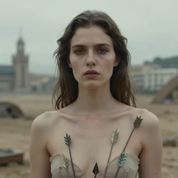 cinematic panorama photo portrait of a woman san sebastian with arrows in her body, dystopian environment by roversi - ferri, pale natural matt, head in focus, artistation