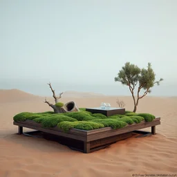 furniture island made of rectangle tetris, made of steel and moss, octane render, trending on artstation, on hard desert sand floor