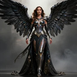 full body center frame digital art. hero pose of gal gadot as a dark seraphim angelic warrior wearing a futuristic, intricate, body sculpted cosmic armor and flowey ornate robes _ highly _ detailed _ 8 _ k _ hdr _ award _ - _ winning _ trending _ on _ artstation _ ann _ sto _ - h _ 6 4 0 _ - w _ 6 4 0 _ - n _ 9