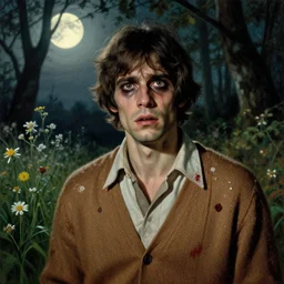 a handsome but creepy man in layers of fear, with haunted eyes, violence in his eyes, wearing a cardigan, 1 9 7 0 s, seventies, delicate embellishments, a little blood, woodland, moonlight shining on wildflowers, painterly, offset printing technique, by alexandre cabanel