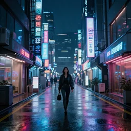 photo of a rainy night in a cyberpunk street in seoul, storefronts are made out of neons, a cyberpunk woman is walking in the middle of the street. hyper realistic rendering photography, long shot, 4 k