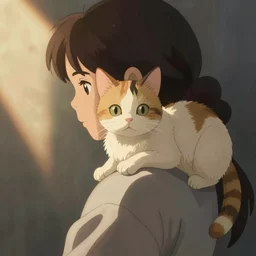 ghibli a calico cat on a eurasian girl's shoulder