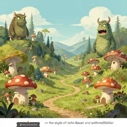 “wide shot, concept art, a fairytale landscape, mushroom houses, fantasy troll monsters, in the style of John Bauer and wimmelbilder”
