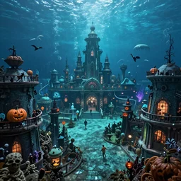 a horror based underwater suburb based on an amusement park during halloween that takes place incredibly deep underwater and is built on the idea of the lost city of atlantis, halloween decorations, underwater city, amusement park, spooky, amusement park attractions, deep sea, horror themed, fun, in the style of harper groff