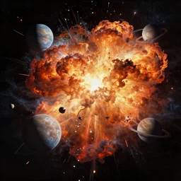 in the style of ellen jewett bowater, planets exploding : : colliding in space, realistic brutal hateful awe shock terror