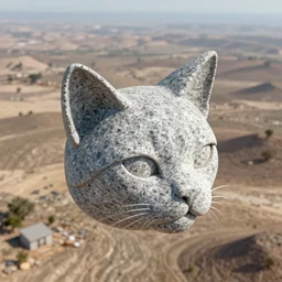 a cat head made of granite floating above a wasteland, isometric aerial view