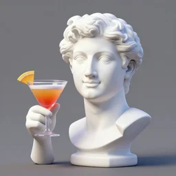 a smiling model of a white marble human head holding a coctail, digital illustration, in the style of skeeva, 3 d render, above the waist