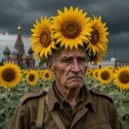 old soldiers head being overgrown by sunflowers, Minsk and Moscow in background, dark, eerie, despair, portrait photography, artstation, digital art, adward winning, concept art, artstation, highly detailed, sharp focus, by caravaggio