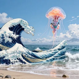 A very beautiful serene coastal landscape scene with a GIANT MECHA JELLYFISH looming in the distance, bright sunny waves splashing on the beach, The Great Wave off Kanagawa by hokusai, Translucent rendered by simon stålenhag, rendered by Beeple, Makoto Shinkai, syd meade, environment concept, digital art, starwars, unreal engine, 3 point perspective, WLOP, trending on artstation, low level, 4K UHD image, octane render,