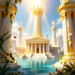 a matte painting of a water city of Atlantis grec greeble temple olymp glory in sun shaft zeus sky tower statue pantheon ivy plant grow flower in white marble gold incrusted of legends adn red flag dynasty by Frank Lloyd Wright and Zaha Hadid torch volume light stylized illustration  3d rim light, hyperrealistic masterpiece, artstation, cgsociety, kodakchrome, golden ratio