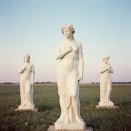 marble statues in a field, film photo, soft lighting album cover, nostalgia, gradient