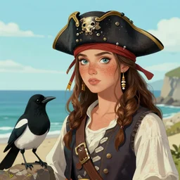 freckled mediterranean pirate girl and a magpie, seaside backgroud, art for young adult fantasy novel, fantasy, intricate, elegant, clean, well composed, highly detailed, art by chengwei pan and viktoria gavrilenko and artgerm and greg rutkowski and alphonse mucha and josephine wall, trending on artstation